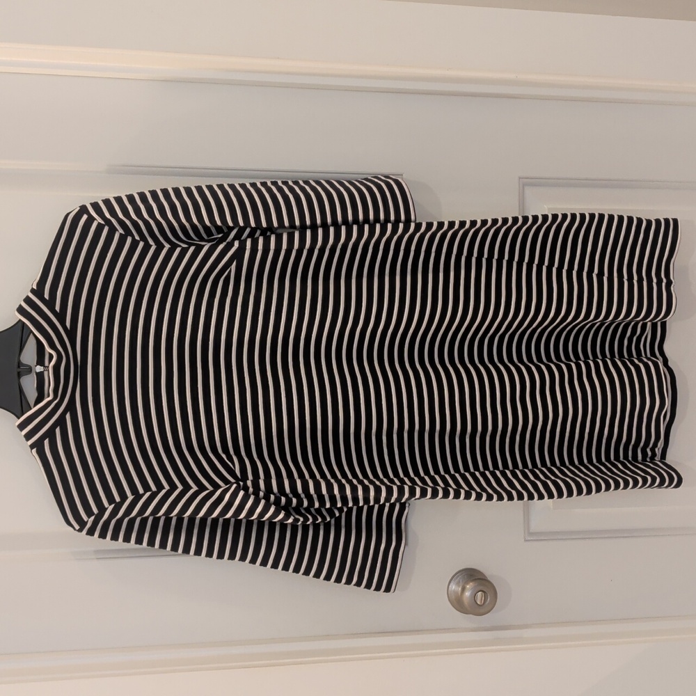 Seen Worn Kept Navy & White Texture Stripe Mockneck 3/4 Sleeve Mini Dress Tunic